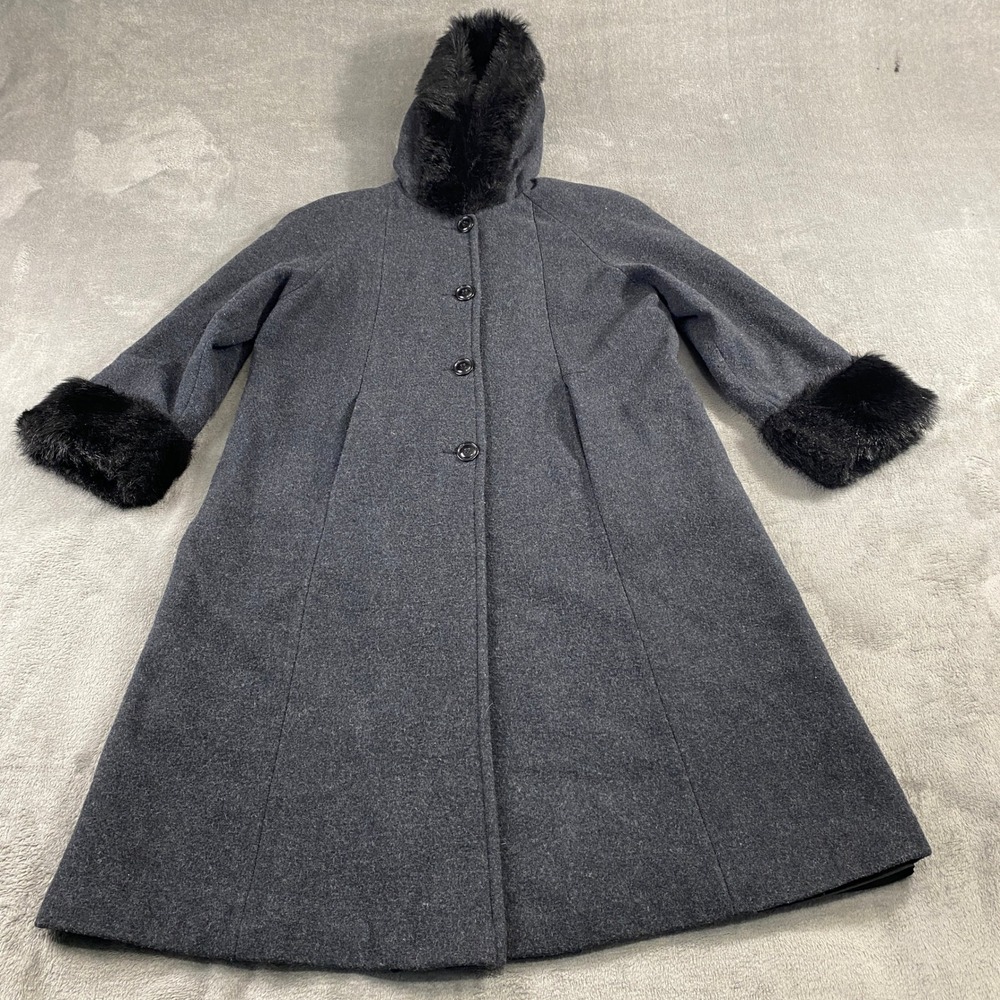 JP 1893 Coat Womens Petite Charcoal Gray 100% Wool Faux Fur Trim Hooded Long VTG